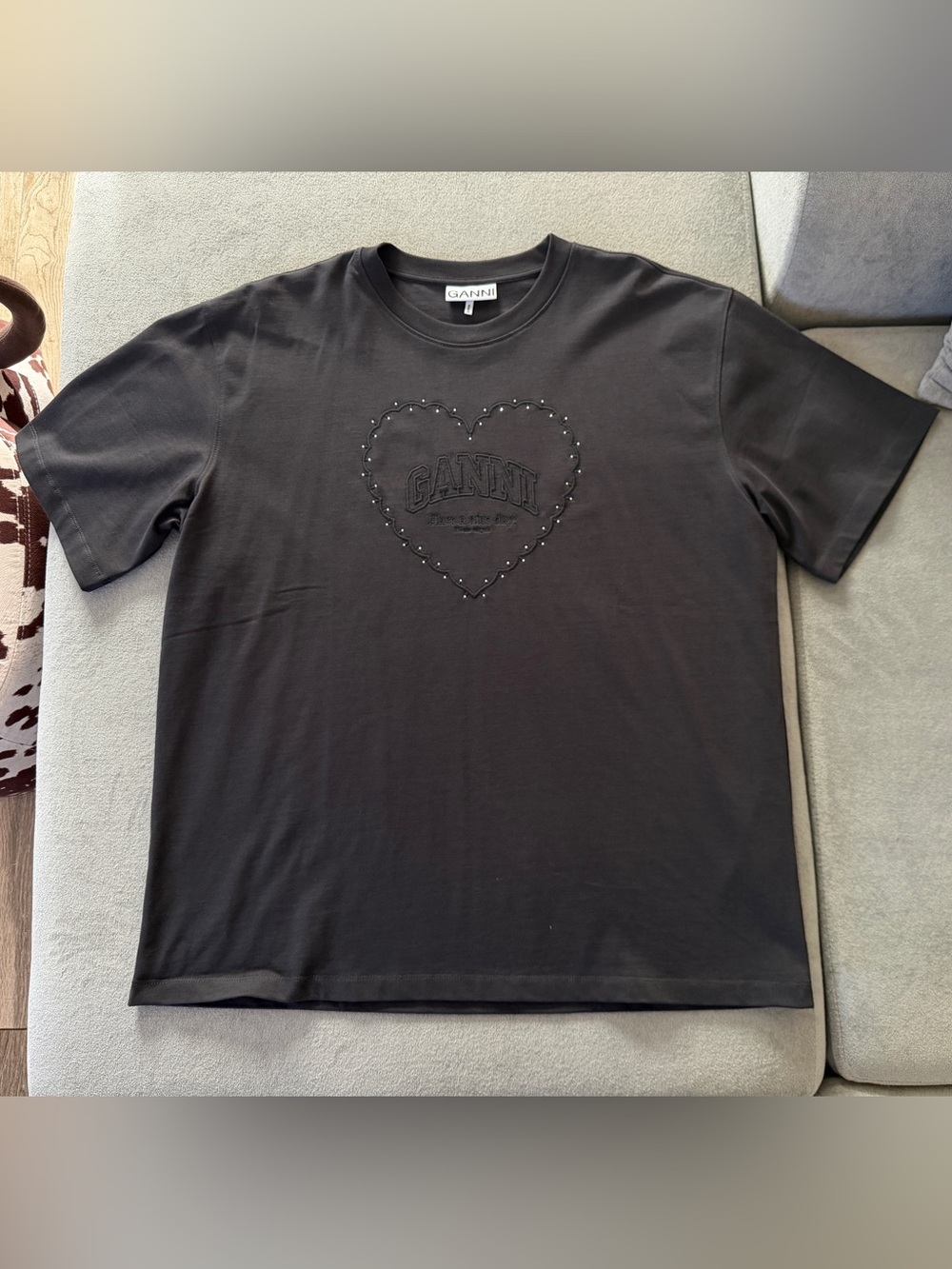NEW Ganni Heavy Cotton Drop Shoulder Heart T-shirt Unisex Black Sz L